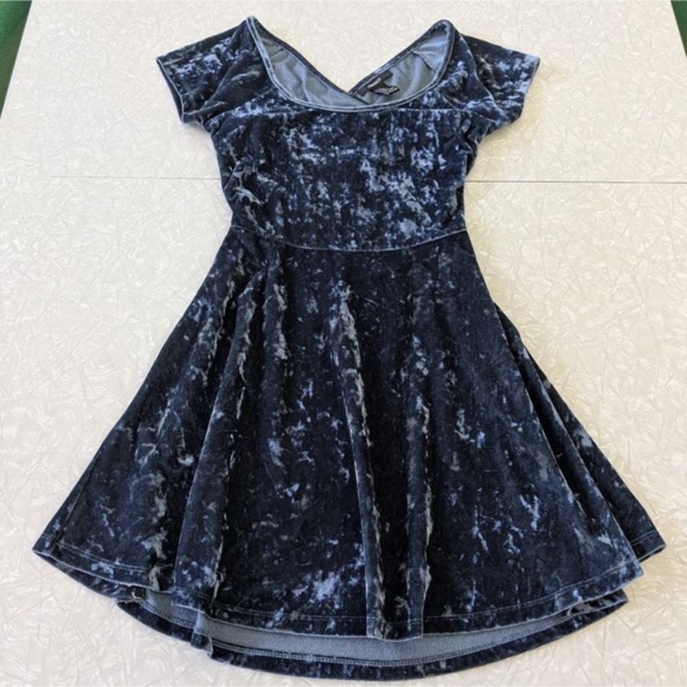Blue Crushed Velvet Cross Back Babydoll Mini Dress Women's Small